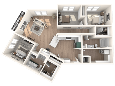 A 3D floor plan of a house showing a living room, kitchen, and bedrooms.